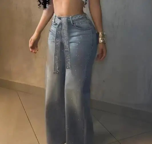 Allure | Rhinestone High Waisted Jeans with Waist Belt