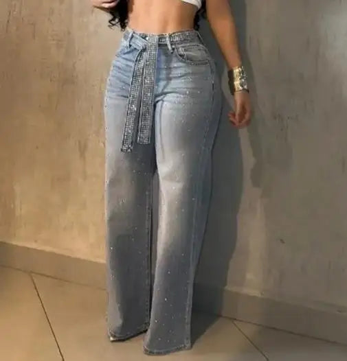 Allure | Rhinestone High Waisted Jeans with Waist Belt